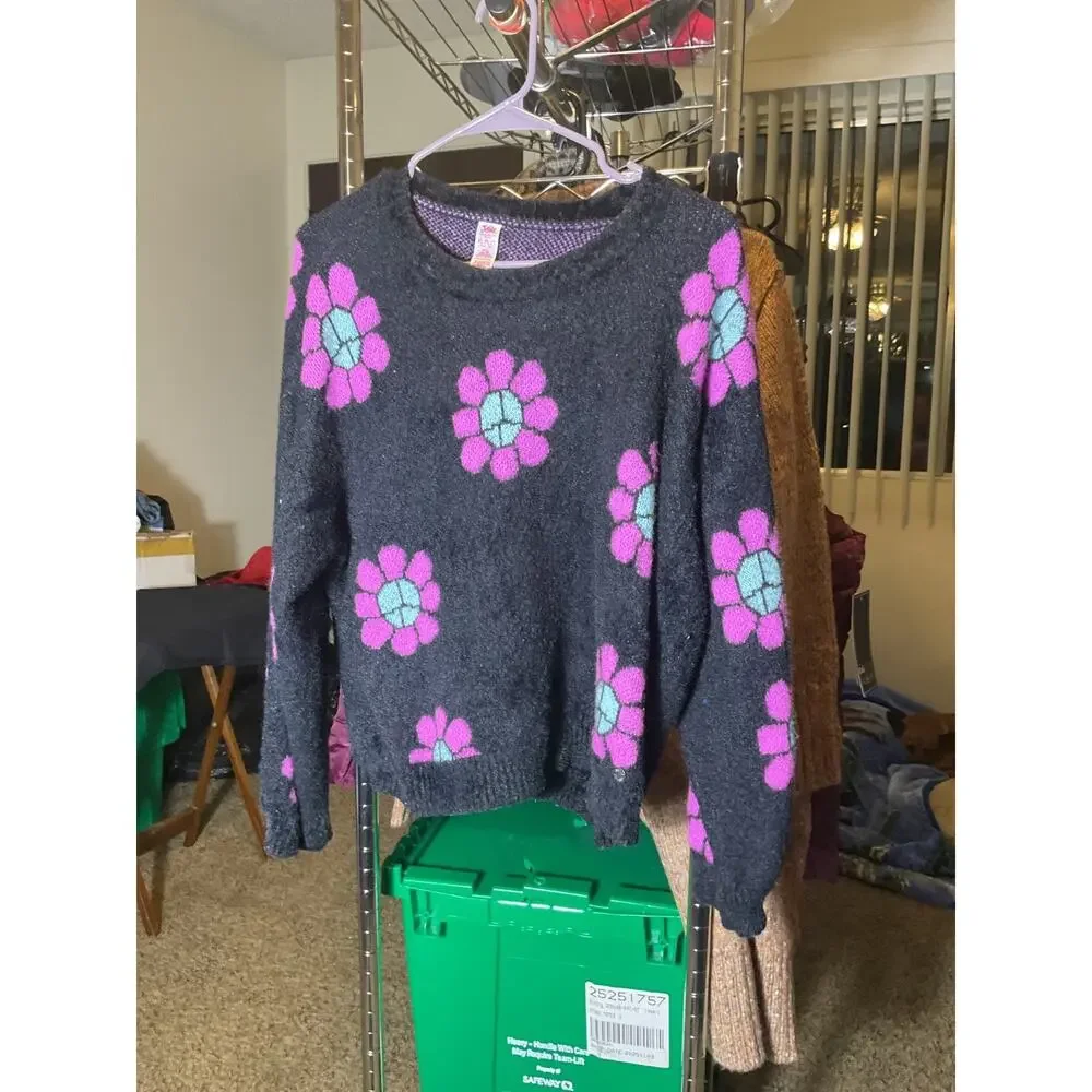 Justice Girls XL Plus 16 18 Black Floral Fuzzy Knit Sweater Pink